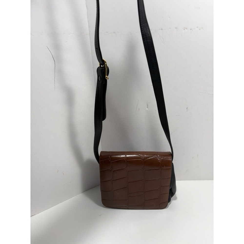 Charter Club Vintage Crossbody Purse Leather Black Brown Crocodile Emboss Flap